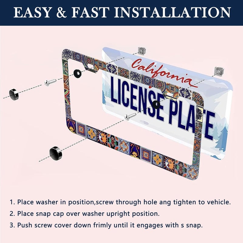 LIN KANG Mexican Tiles License Plate Frames - 2 Pack Mandala Boho License Plate Frame for Women Men, Universal Accessories License Plate Cute Aluminum Car Tag Frames for Women Men US Vehicles - Image 2